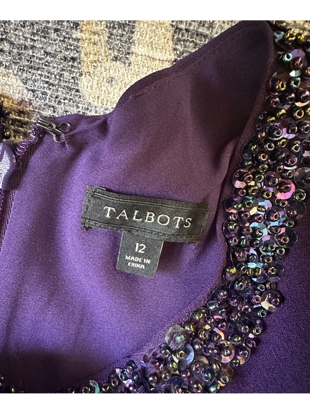Talbots Purple Beaded Sequin Neck Short Sleeve Sheath Midi Dress Sz 12 - Picture 3 of 6